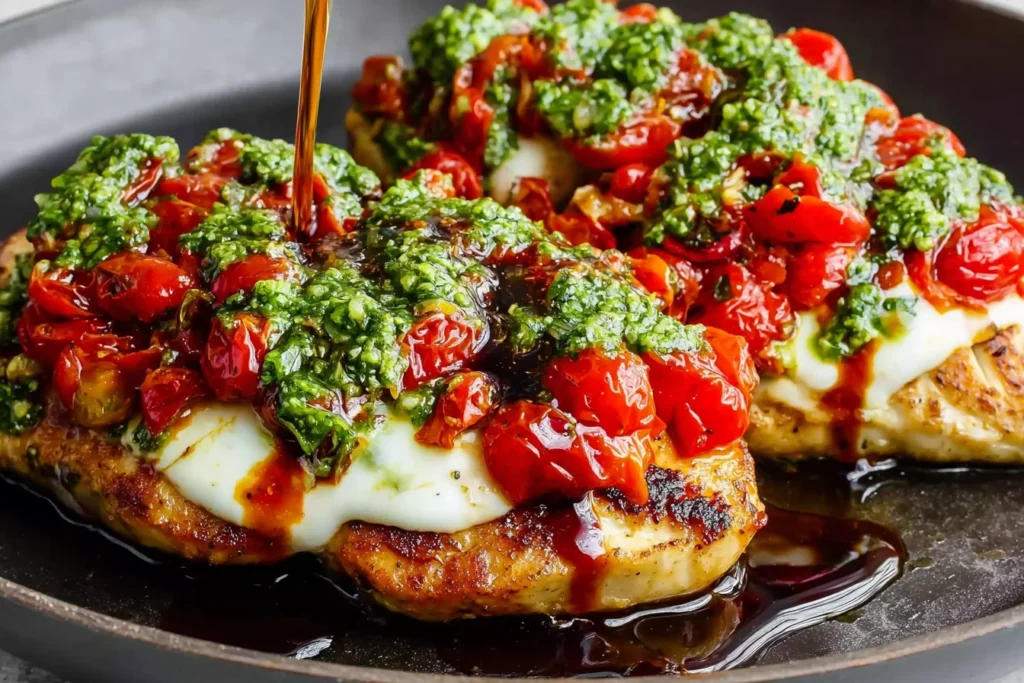 Pesto Bruschetta Chicken with melted mozzarella, pesto, and roasted tomato bruschetta as balsamic glaze is drizzled over the top.