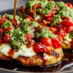 Pesto Bruschetta Chicken with melted mozzarella, pesto, and roasted tomato bruschetta as balsamic glaze is drizzled over the top.