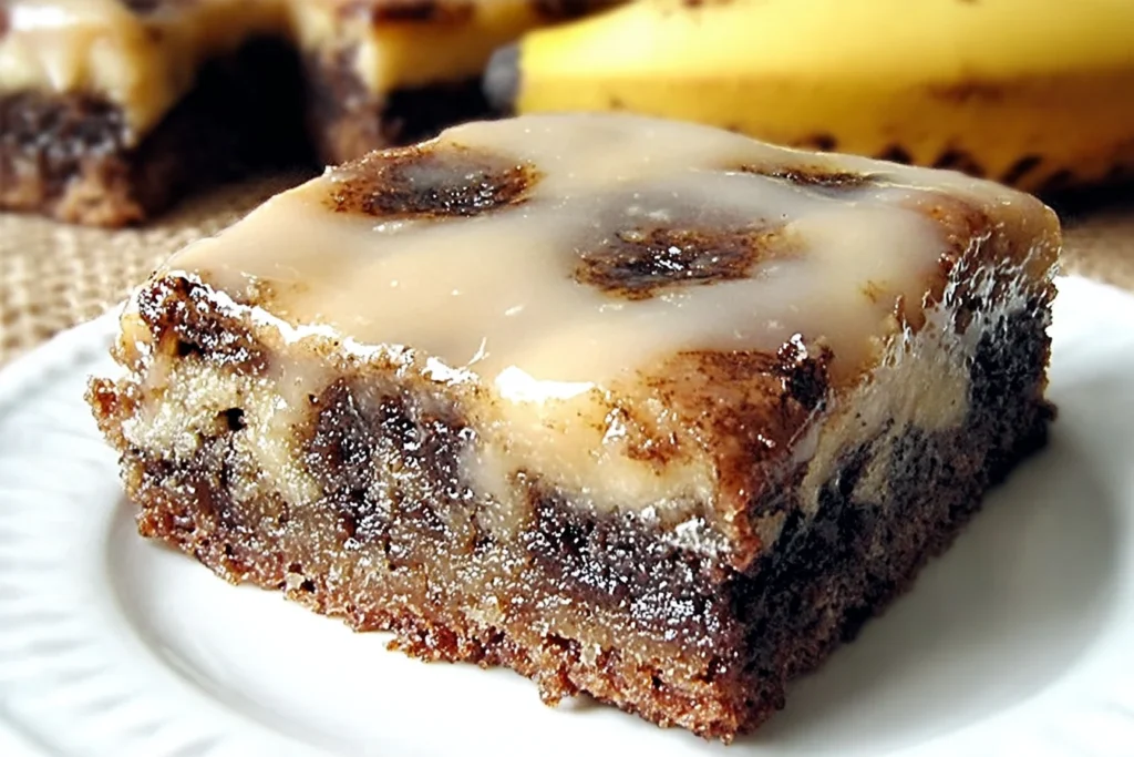 Banana Bread Brownies with a thick vanilla glaze and chocolate-banana marbling, served on a white plate for a fudgy, moist dessert.