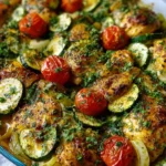 Best Mediterranean Chicken Zucchini Bake in a glass casserole dish with golden chicken, sliced zucchini, roasted cherry tomatoes, onions, and fresh herbs.
