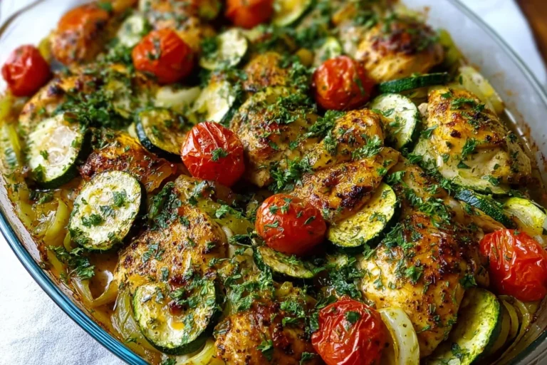 Best Mediterranean Chicken Zucchini Bake in a glass casserole dish with golden chicken, sliced zucchini, roasted cherry tomatoes, onions, and fresh herbs.