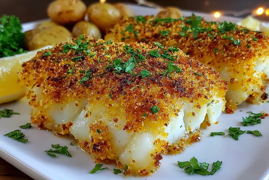 Boston Baked Cod with crispy buttery panko topping, lemon wedges, and parsley, served with baby potatoes on a white plate.