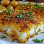 Boston Baked Cod with crispy buttery panko topping, lemon wedges, and parsley, served with baby potatoes on a white plate.