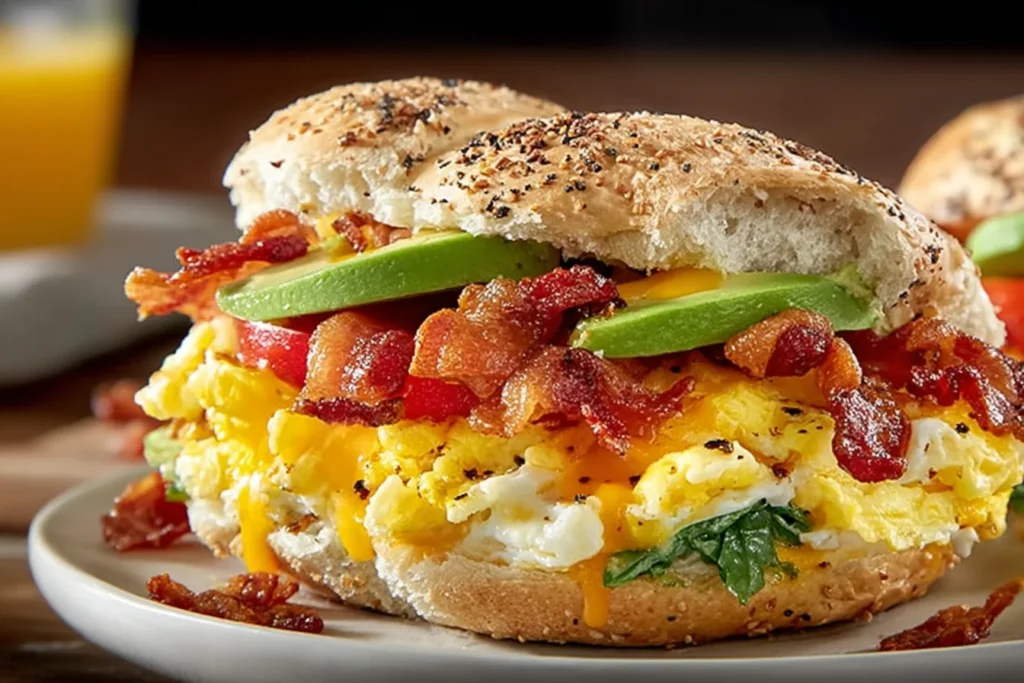 Breakfast Sandwich with Avocado on a toasted everything bagel with fluffy scrambled eggs, crispy bacon, melted cheddar, tomato, and spinach.