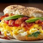 Breakfast Sandwich with Avocado on a toasted everything bagel with fluffy scrambled eggs, crispy bacon, melted cheddar, tomato, and spinach.