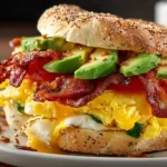 Breakfast Sandwich with Avocado on an everything bagel with fluffy scrambled eggs, crispy bacon, melted cheddar, tomato slices, and spinach.