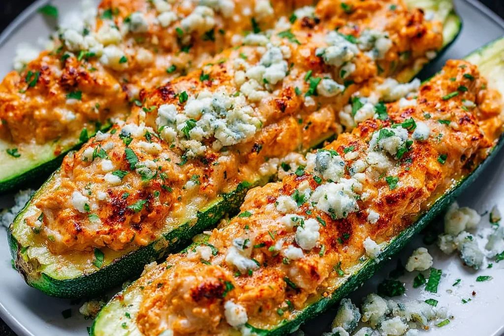 High Protein Buffalo Chicken Stuffed Zucchini Boats topped with crumbled feta and herbs, baked until golden and bubbly.