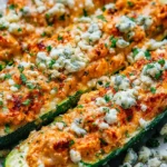 High Protein Buffalo Chicken Stuffed Zucchini Boats topped with crumbled feta and herbs, baked until golden and bubbly.