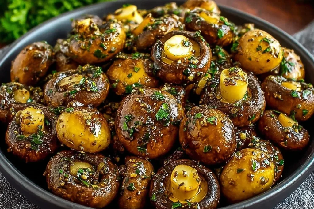 Cowboy Mushrooms sautéed in butter, garlic, Worcestershire, and soy sauce, finished with parsley in a skillet-style bowl.