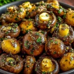 Cowboy Mushrooms sautéed in butter, garlic, Worcestershire, and soy sauce, finished with parsley in a skillet-style bowl.