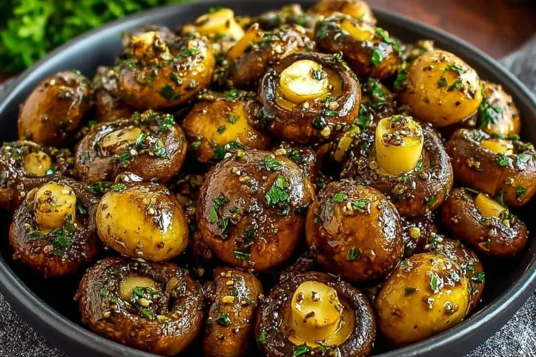 Cowboy Mushrooms sautéed in butter, garlic, Worcestershire, and soy sauce, finished with parsley in a skillet-style bowl.