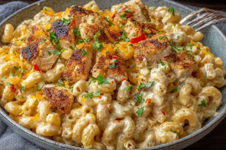 Cajun Chicken Mac and Cheese in a bowl with creamy elbow macaroni, melted cheddar, and seared Cajun-seasoned chicken, topped with parsley.