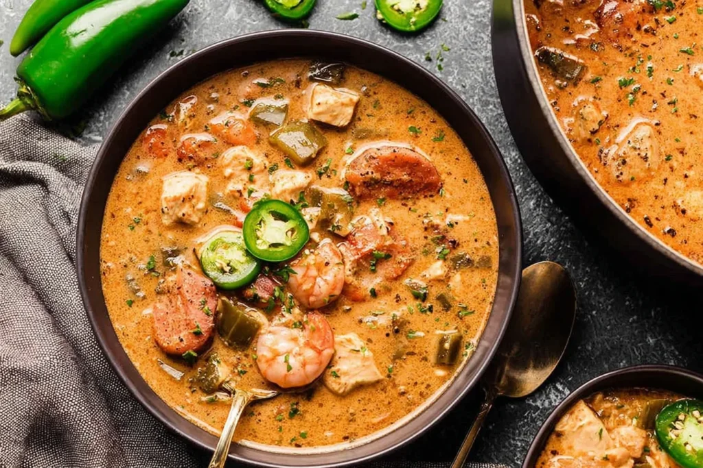 Creamy Cajun White Chicken Chili in a bowl with shrimp, andouille sausage, diced peppers, and fresh jalapeño slices on top.