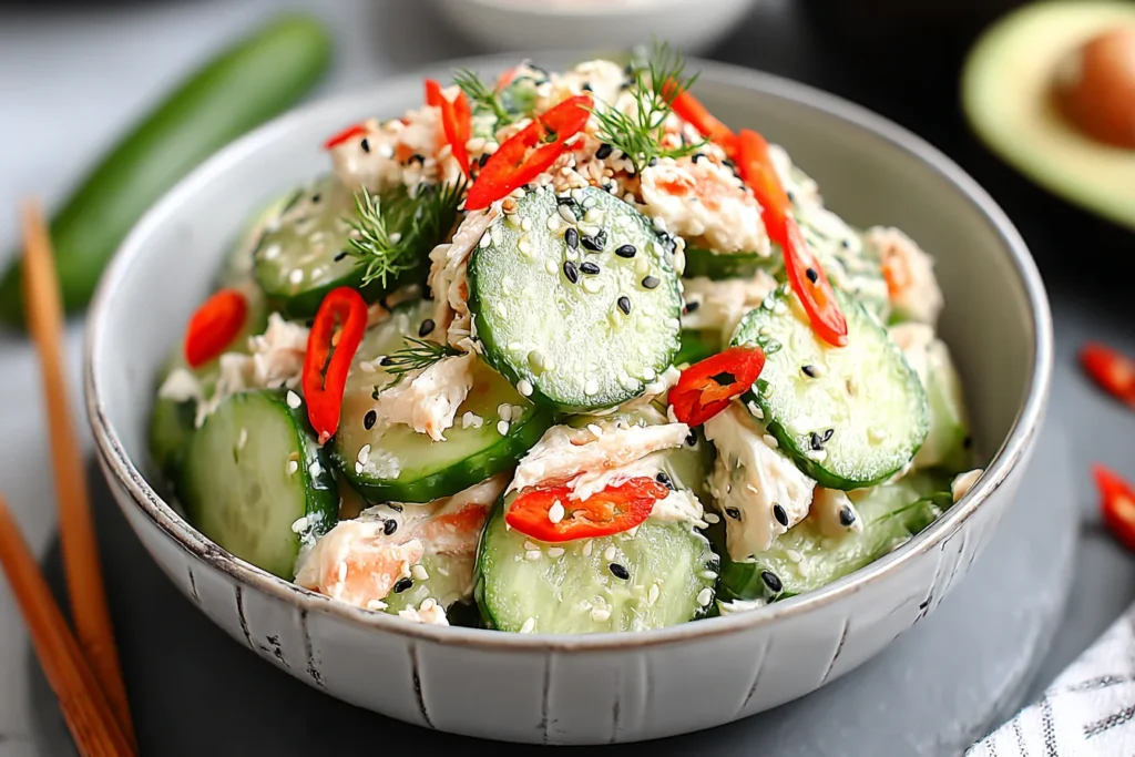 California Roll Cucumber Salad in a bowl with sliced cucumbers, imitation crab, sesame seeds, and red chili slices.
