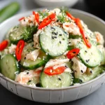 California Roll Cucumber Salad in a bowl with sliced cucumbers, imitation crab, sesame seeds, and red chili slices.