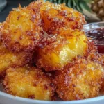 Air Fryer Pineapple Chunks piled in a bowl, golden and caramelized with crispy edges, served with a sweet dipping sauce.