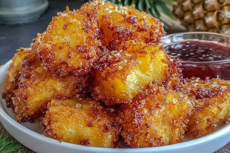 Air Fryer Pineapple Chunks piled in a bowl, golden and caramelized with crispy edges, served with a sweet dipping sauce.