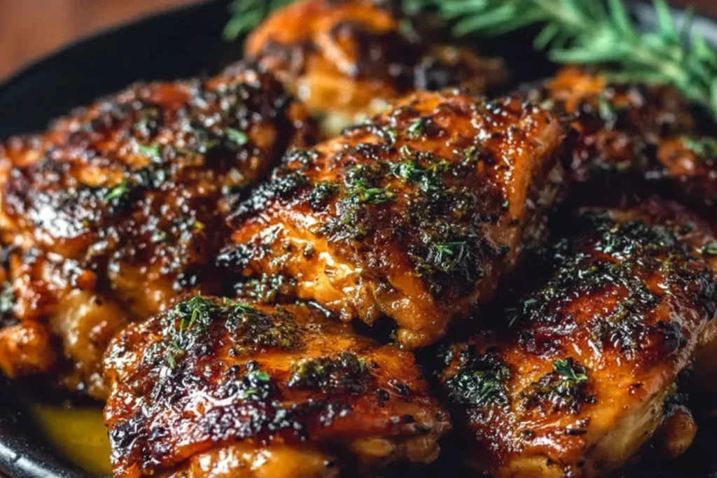 Ina Garten Indonesian Chicken thighs with a sticky soy-honey peanut glaze, caramelized and herb-speckled in a black skillet.