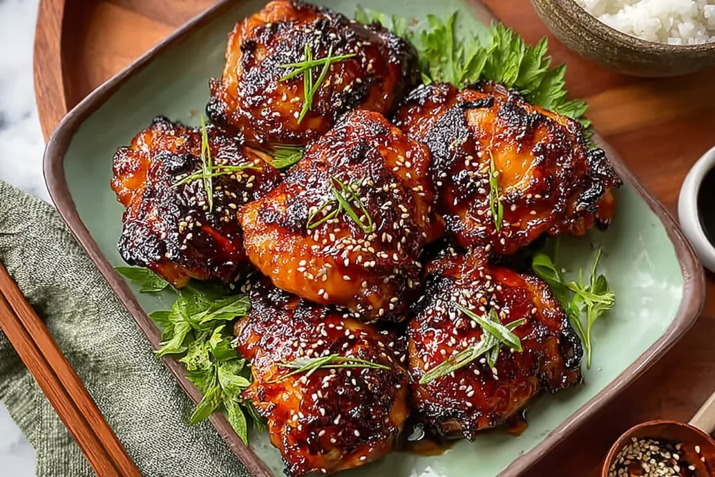 Crispy Japanese BBQ Chicken Thighs on a platter with sticky caramelized glaze, sprinkled with sesame seeds and sliced green onions
