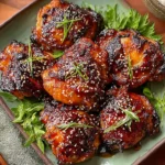 Crispy Japanese BBQ Chicken Thighs on a platter with sticky caramelized glaze, sprinkled with sesame seeds and sliced green onions