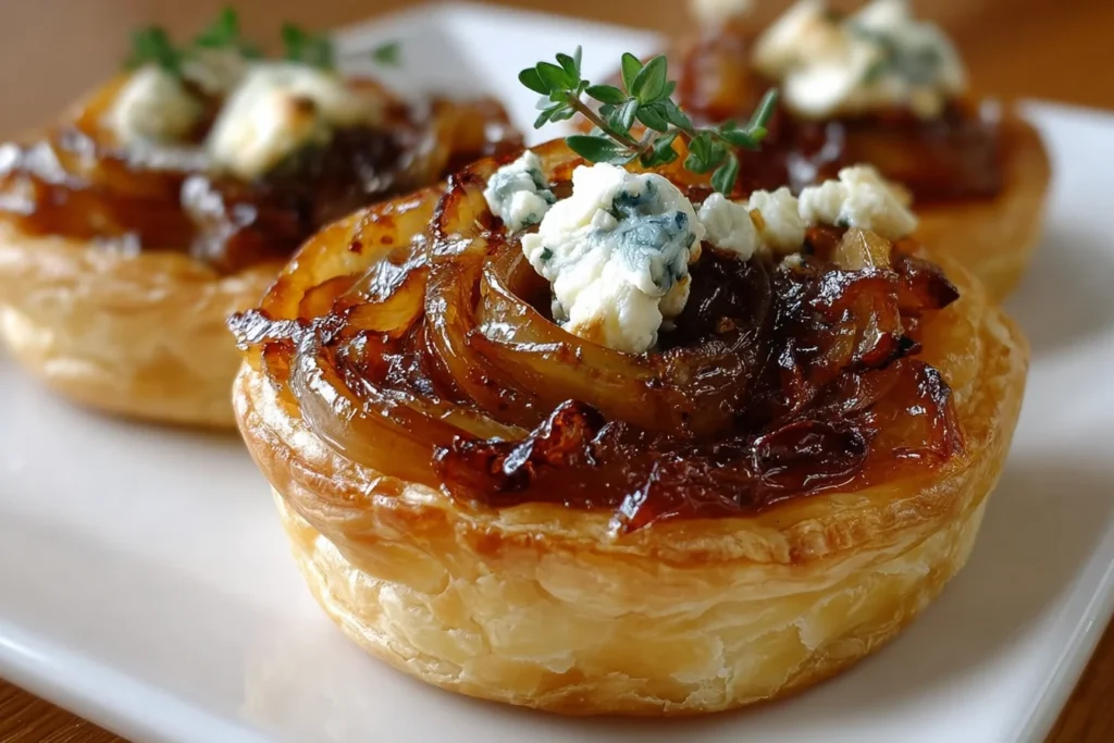 Caramelized Onion and Goat Cheese Tarts close-up on a white plate, featuring flaky puff pastry, glossy caramelized onions, goat cheese crumbles, and thyme.