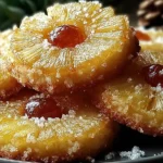 Pineapple Upside Down Sugar Cookies topped with caramelized pineapple rings and cherries, sprinkled with sugar on a festive plate.