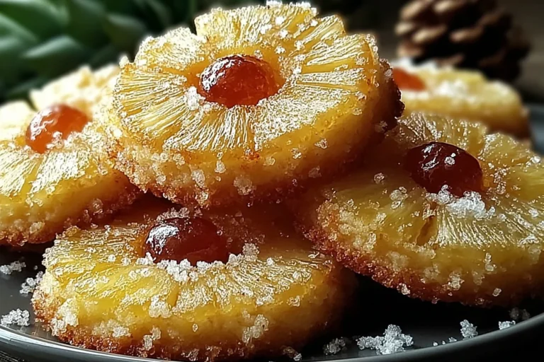 Pineapple Upside Down Sugar Cookies topped with caramelized pineapple rings and cherries, sprinkled with sugar on a festive plate.