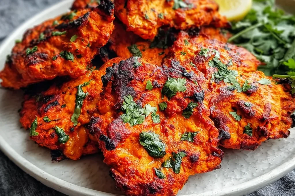 Paleo Tandoori Chicken thighs piled on a plate with charred edges, vibrant tandoori spices, and cilantro, served with a lemon wedge.