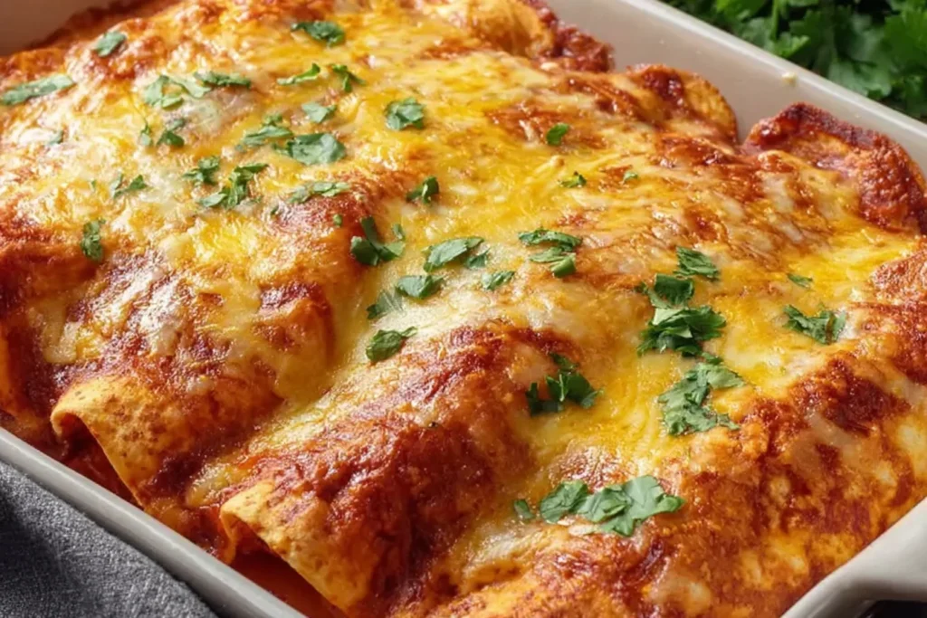 Ina Garten Chicken Enchiladas Recipe baked in a casserole dish with bubbly melted cheese, rich red enchilada sauce, and fresh cilantro.
