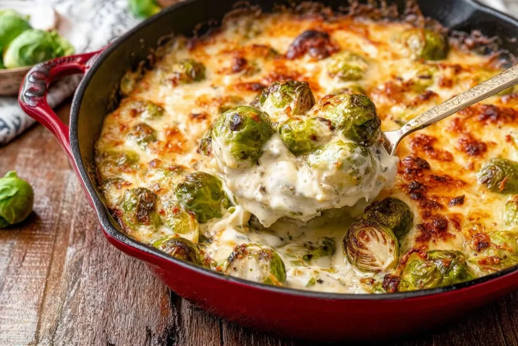 Spoonful of Cheesy Brussel Sprout Casserole with roasted Brussels sprouts in a creamy garlic cheese sauce, baked until golden and bubbly.