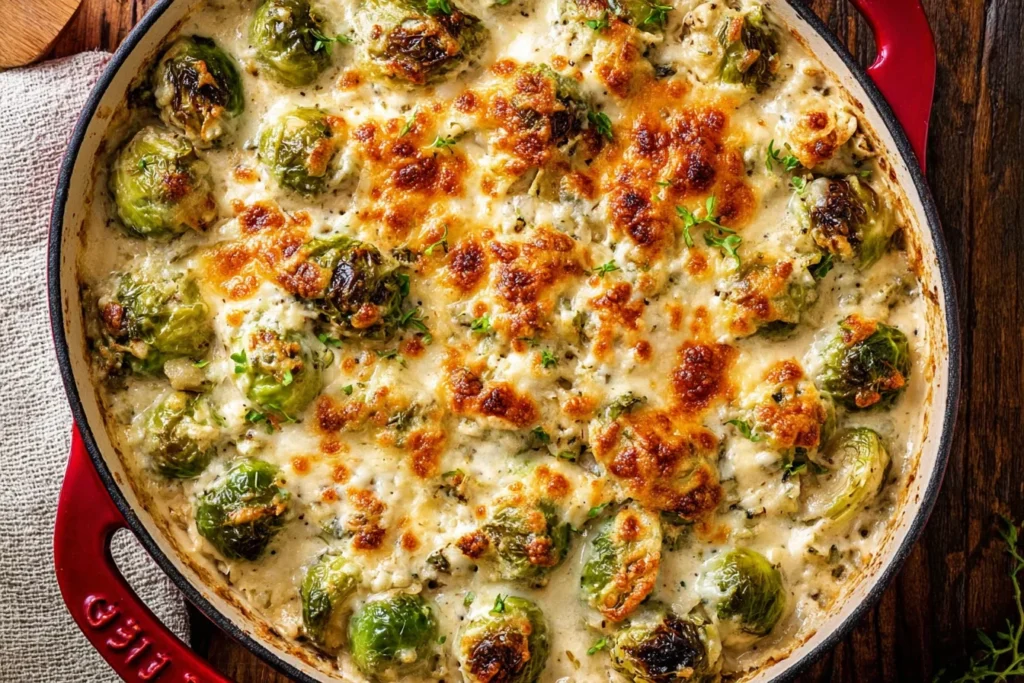 Cheesy Brussel Sprout Casserole baked in a skillet with golden, bubbly mozzarella and parmesan over roasted Brussels sprouts.