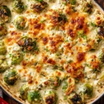 Cheesy Brussel Sprout Casserole baked in a skillet with golden, bubbly mozzarella and parmesan over roasted Brussels sprouts.