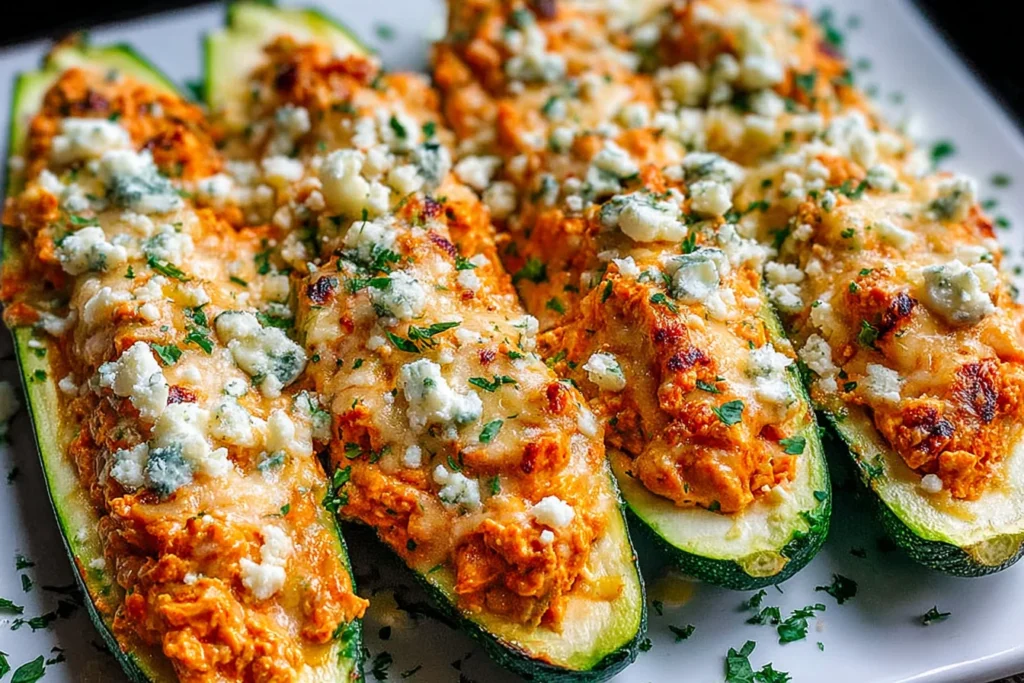 High Protein Buffalo Chicken Stuffed Zucchini Boats with creamy buffalo chicken filling, melted cheese, and crumbled feta on top.
