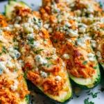 High Protein Buffalo Chicken Stuffed Zucchini Boats with creamy buffalo chicken filling, melted cheese, and crumbled feta on top.