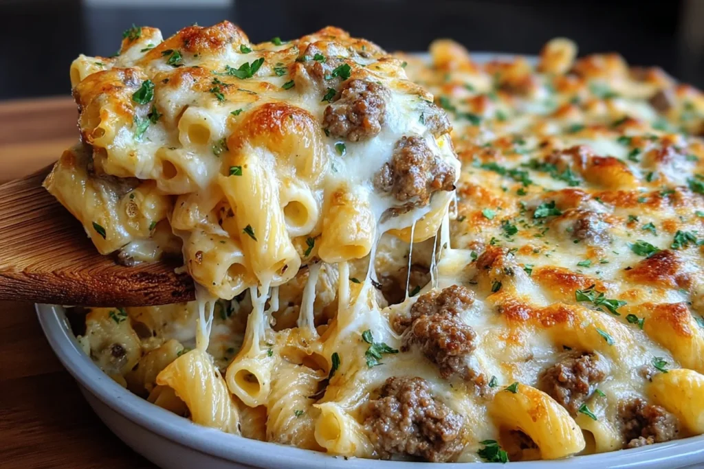 Creamy Beef Alfredo Ziti Casserole scoop with stretchy melted mozzarella, ziti pasta, and smoky beef, topped with parsley.