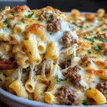 Creamy Beef Alfredo Ziti Casserole scoop with stretchy melted mozzarella, ziti pasta, and smoky beef, topped with parsley.