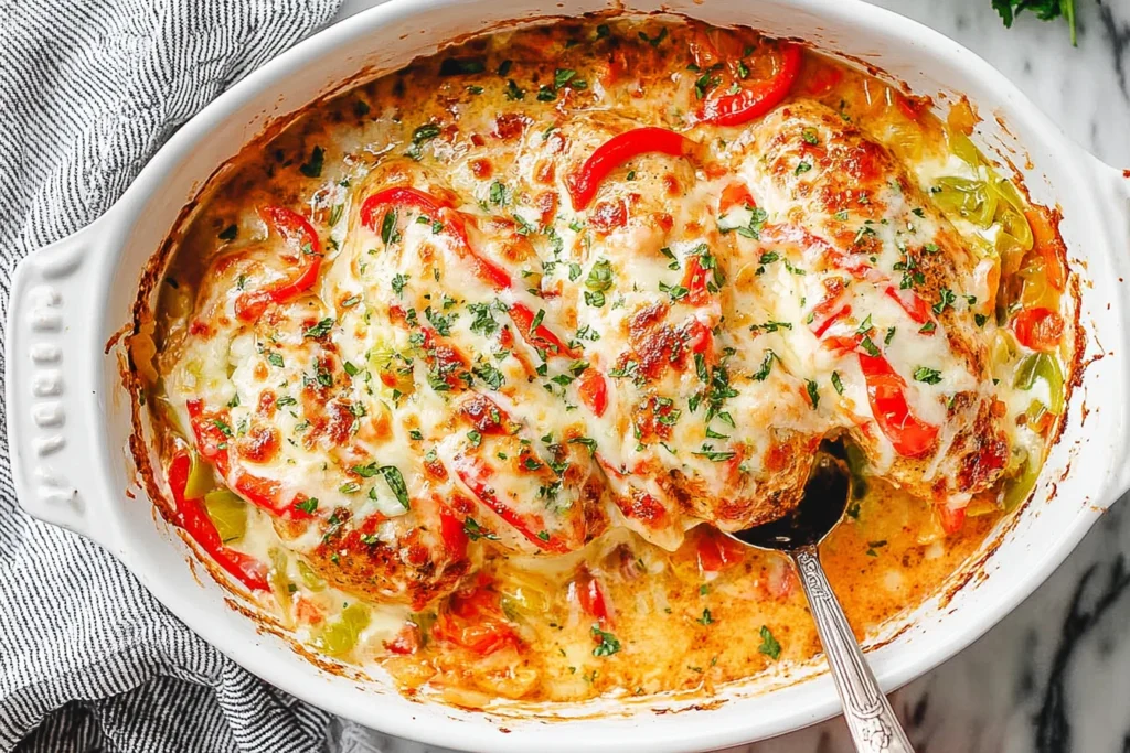 Fajita Chicken Breasts Casserole baked with bell peppers, onions, and melted mozzarella, garnished with fresh herbs in a white baking dish.