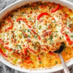 Fajita Chicken Breasts Casserole baked with bell peppers, onions, and melted mozzarella, garnished with fresh herbs in a white baking dish.