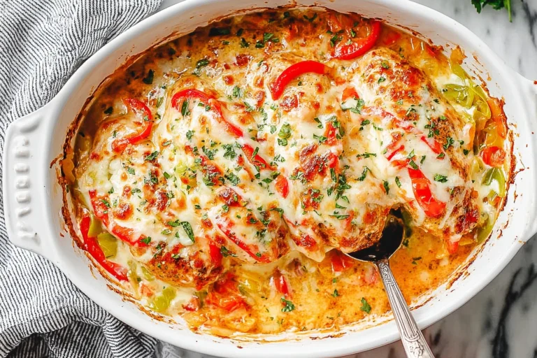 Fajita Chicken Breasts Casserole baked with bell peppers, onions, and melted mozzarella, garnished with fresh herbs in a white baking dish.