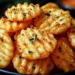 Cheesy Garlic Ritz Bits Snacks piled in a bowl, golden buttery crackers baked with parmesan, cheddar, garlic, and parsley.