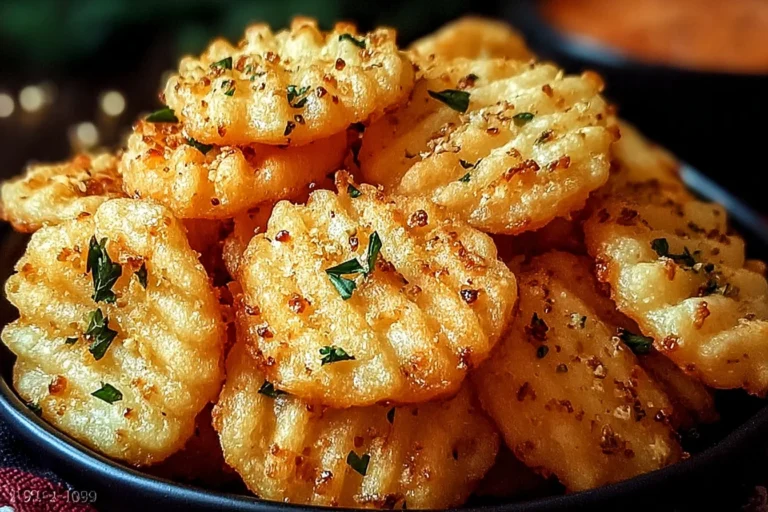 Cheesy Garlic Ritz Bits Snacks piled in a bowl, golden buttery crackers baked with parmesan, cheddar, garlic, and parsley.