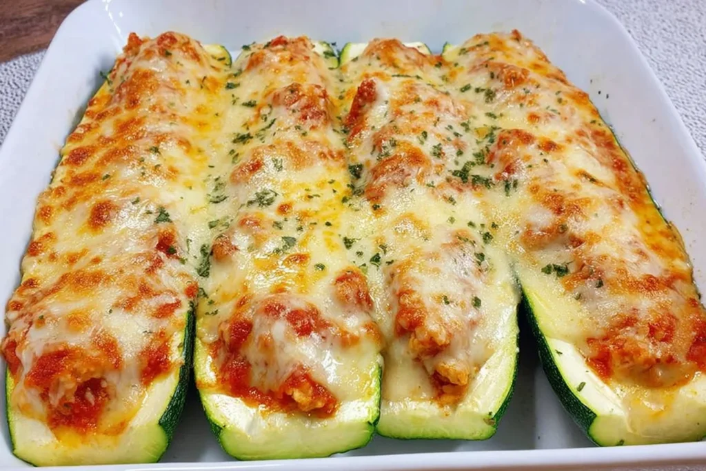 Keto Chicken Parmesan Zucchini Boats baked with marinara, ground chicken, and bubbly mozzarella-parmesan cheese in a casserole dish.