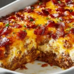 Cheesy, bubbly cheesy low carb beef bacon cheeseburger casserole in a white baking dish, topped with crispy bacon and melted cheddar.