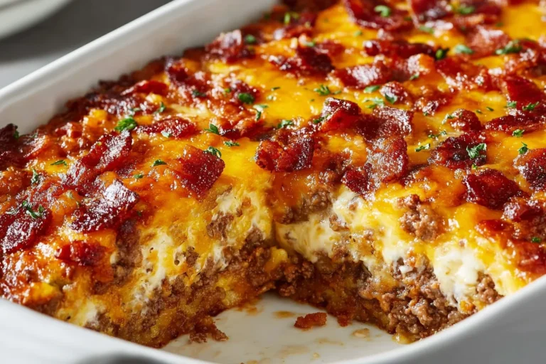 Cheesy, bubbly cheesy low carb beef bacon cheeseburger casserole in a white baking dish, topped with crispy bacon and melted cheddar.