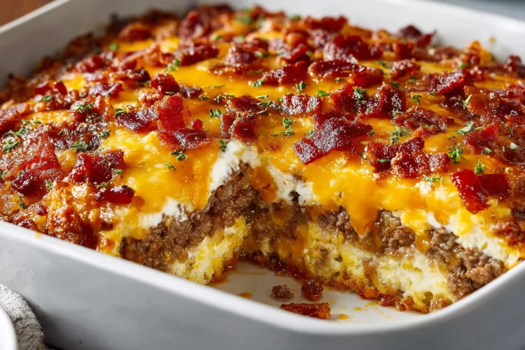 Slice missing from cheesy low carb beef bacon cheeseburger casserole, showing layers of seasoned ground beef, creamy cheese sauce, melted cheddar, and crispy bacon.