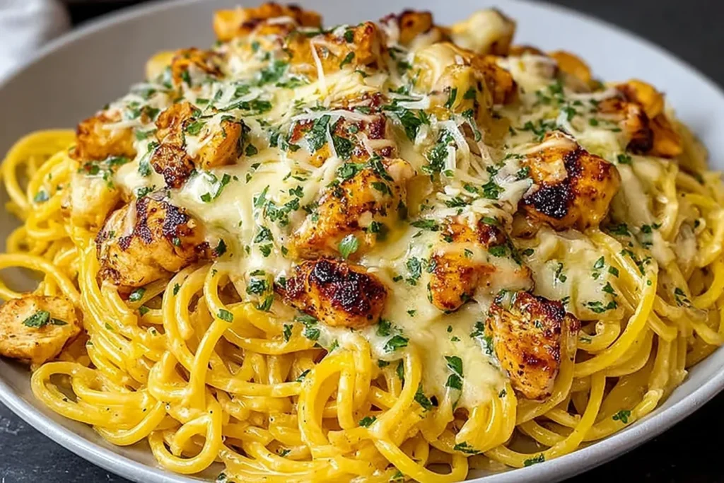 Monterey Chicken Spaghetti Recipe topped with melty Monterey Jack cheese, seared chicken pieces, and parsley over creamy spaghetti in a white bowl.