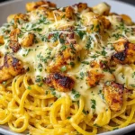 Monterey Chicken Spaghetti Recipe topped with melty Monterey Jack cheese, seared chicken pieces, and parsley over creamy spaghetti in a white bowl.