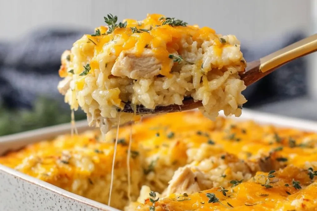 Spoonful of Dump-and-Bake Cheddar Chicken Rice Bake with creamy rice, tender chicken, melted cheddar, and herbs stretching from the casserole.