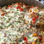 Stuffed Pepper Casserole in a skillet with melted cheese, ground beef, diced bell peppers, and fresh parsley on top.