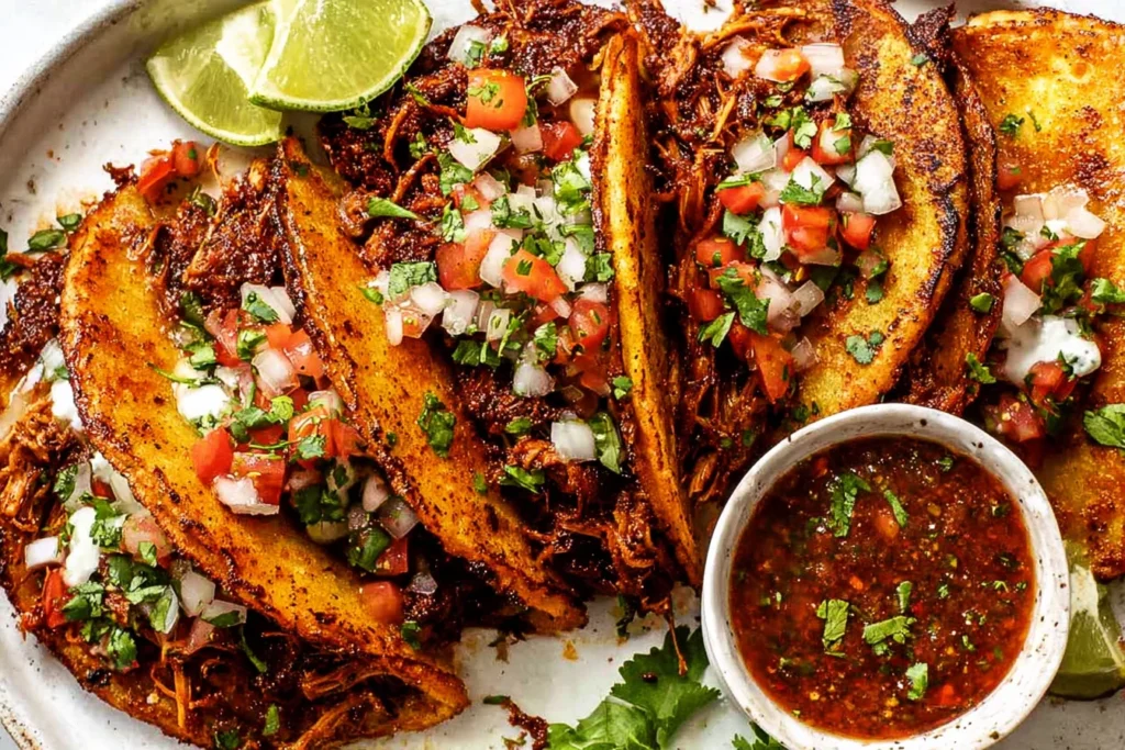 Chicken Birria Tacos with crispy pan-fried corn tortillas stuffed with shredded birria chicken, topped with pico de gallo and cilantro, served with dipping consomé and lime wedges.